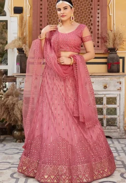 Embroidered Net Lehenga in Pink