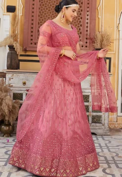 Embroidered Net Lehenga in Pink