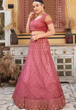 Embroidered Net Lehenga in Pink