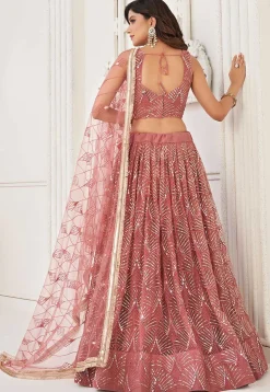 Embroidered Net Lehenga in Peach