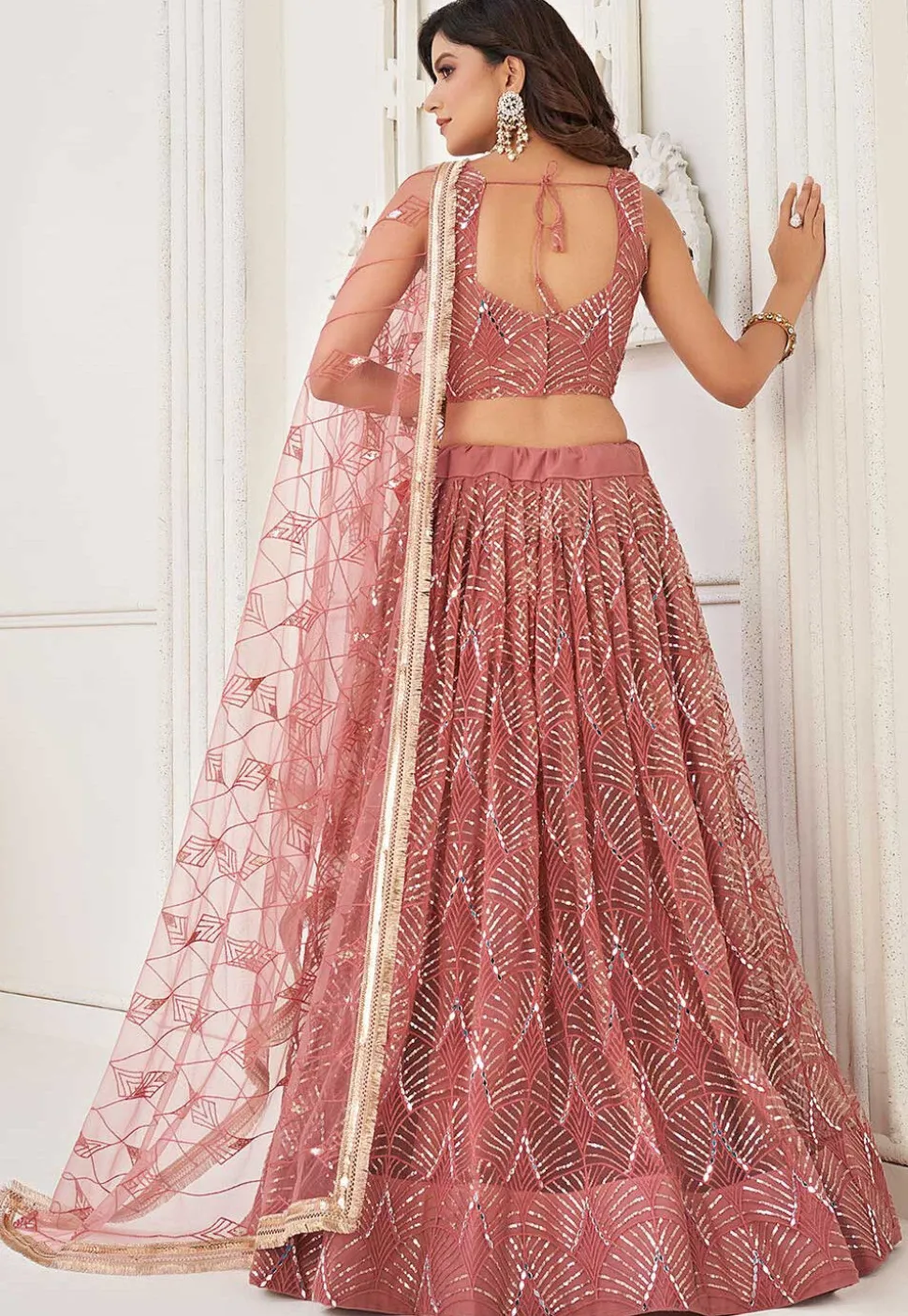 Embroidered Net Lehenga in Peach