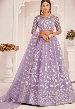 Embroidered Net Lehenga in Light Purple
