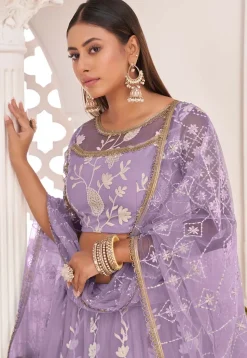 Embroidered Net Lehenga in Light Purple