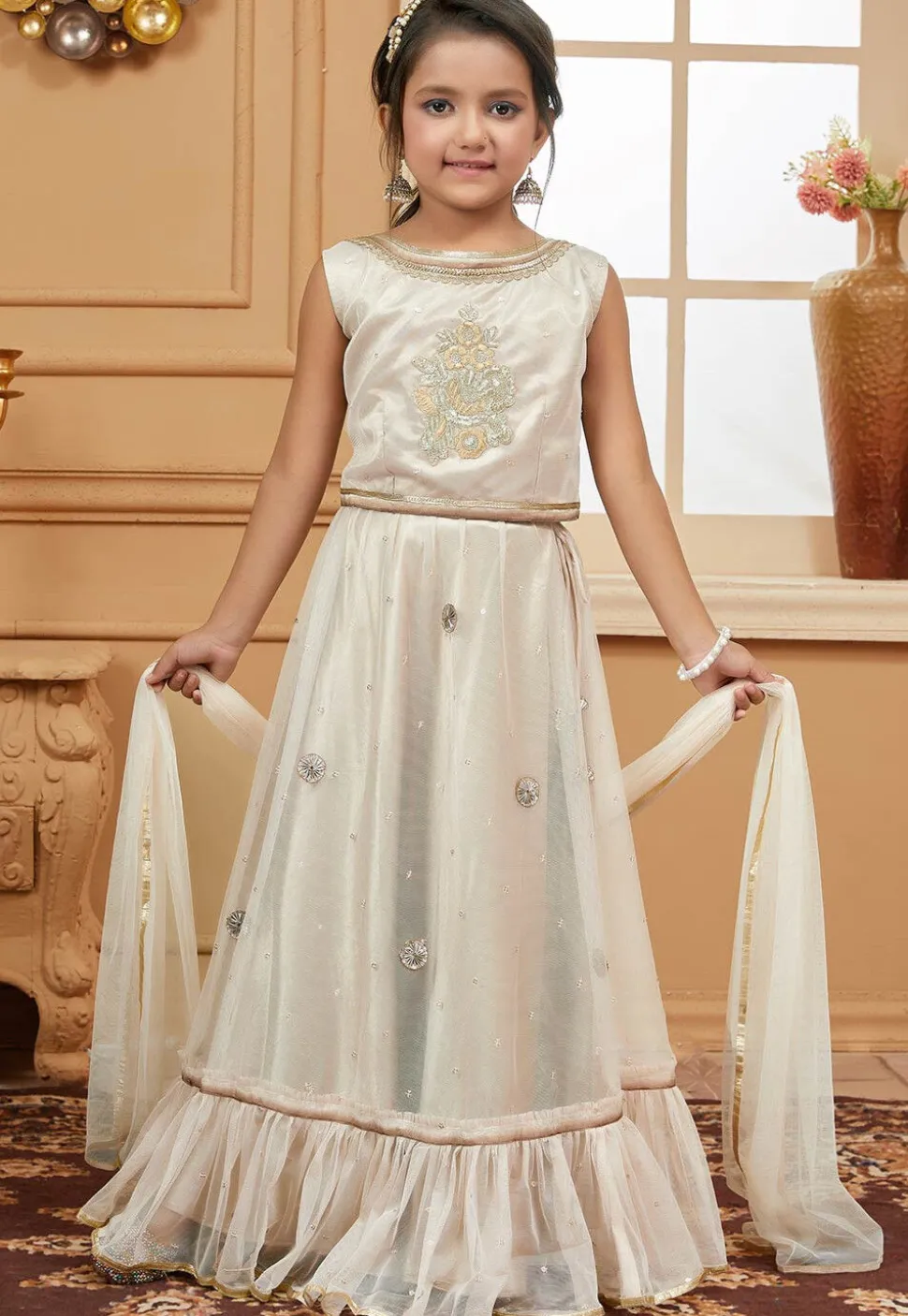 Embroidered Net Lehenga in Light Beige