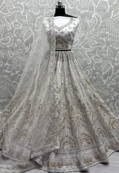 Embroidered Net Lehenga in Off White