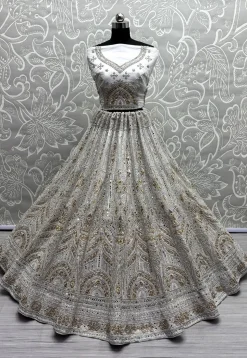 Embroidered Net Lehenga in Off White