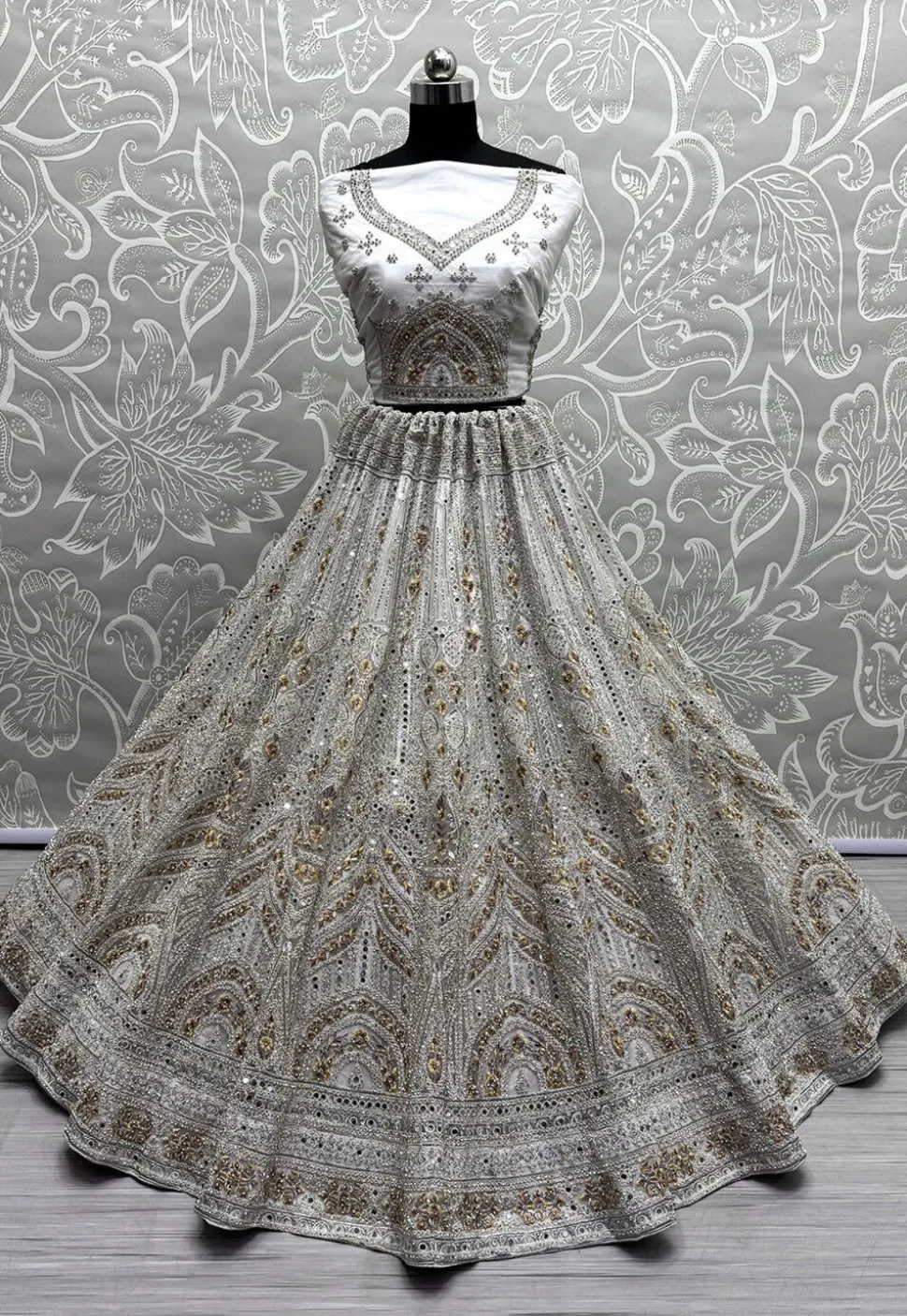 Embroidered Net Lehenga in Off White