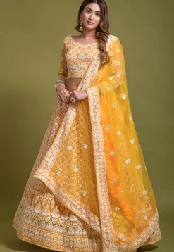 Embroidered Net Lehenga in Yellow