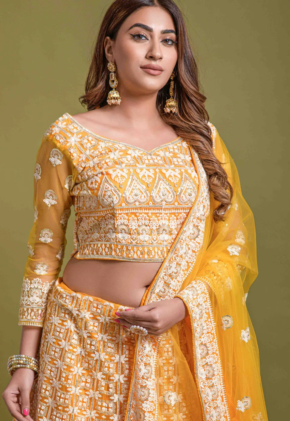 Embroidered Net Lehenga in Yellow