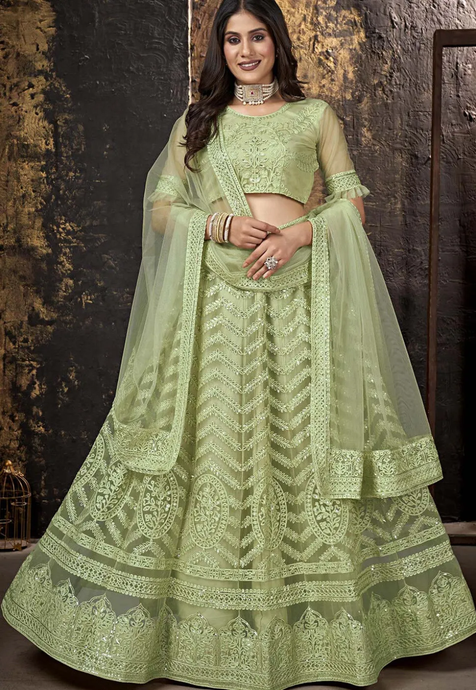 Embroidered Net Lehenga in Light Olive Green