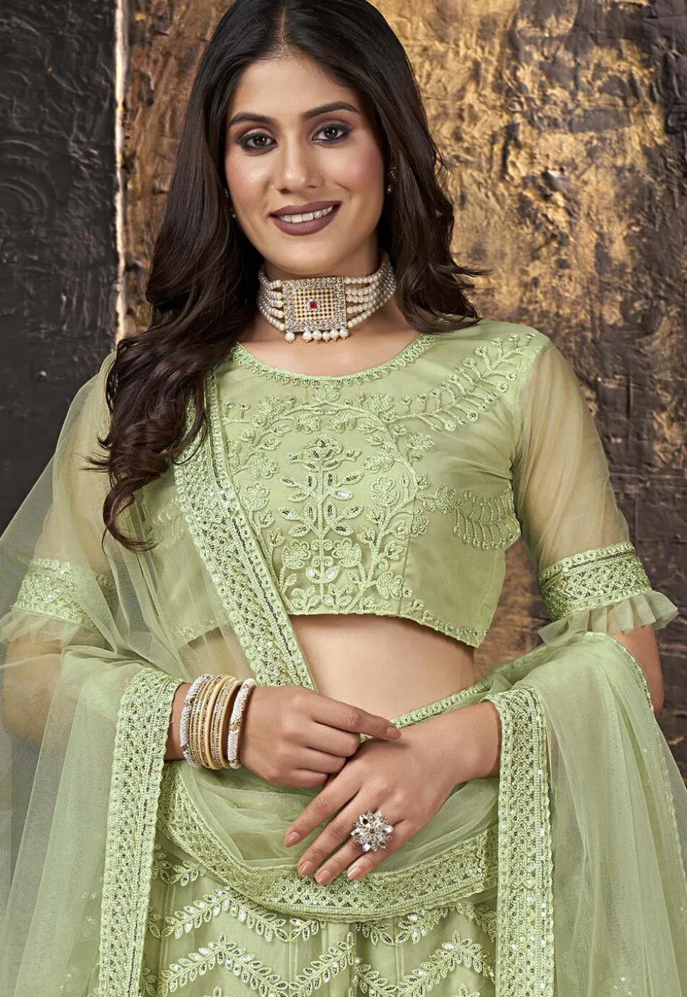 Embroidered Net Lehenga in Light Olive Green