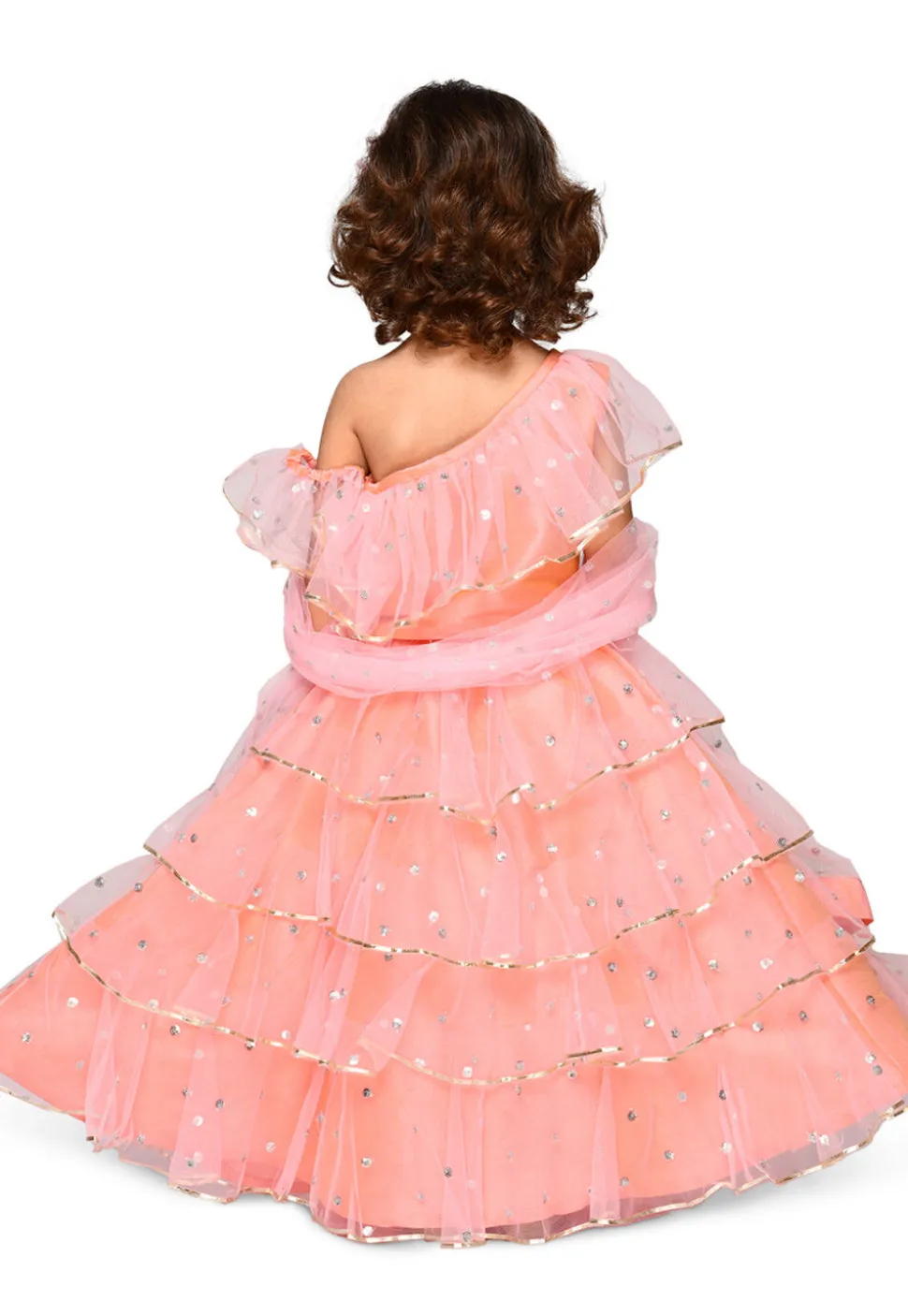 Embroidered Net Lehenga in Peach Pink
