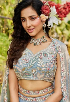 Embroidered Net Lehenga in Light Blue