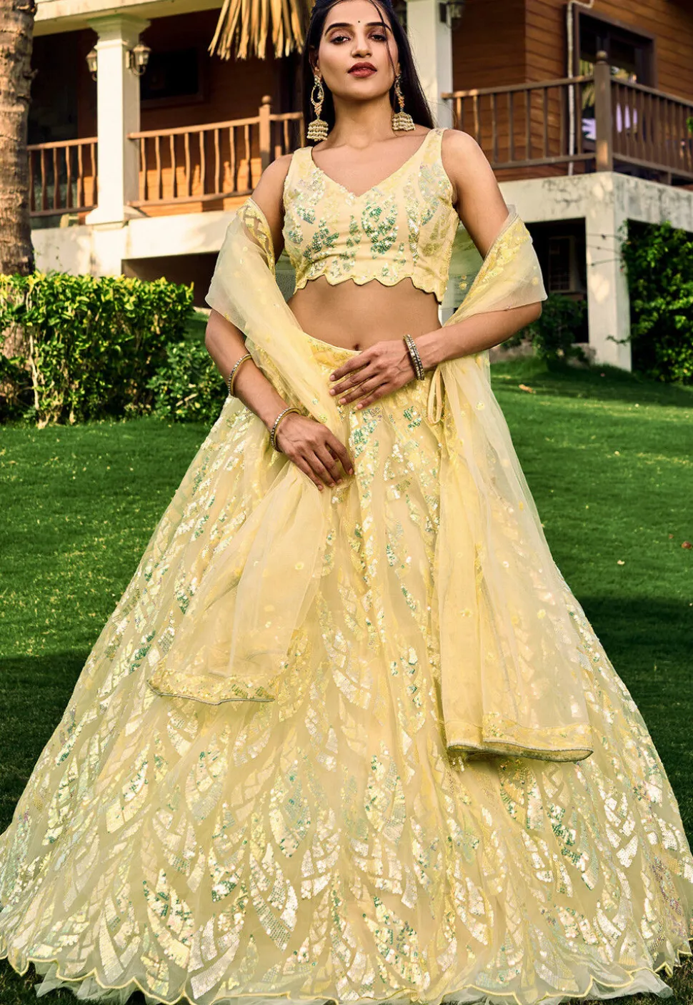 Embroidered Net Lehenga in Yellow