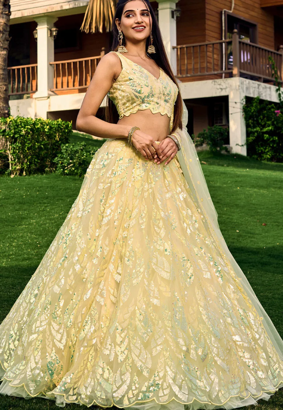 Embroidered Net Lehenga in Yellow
