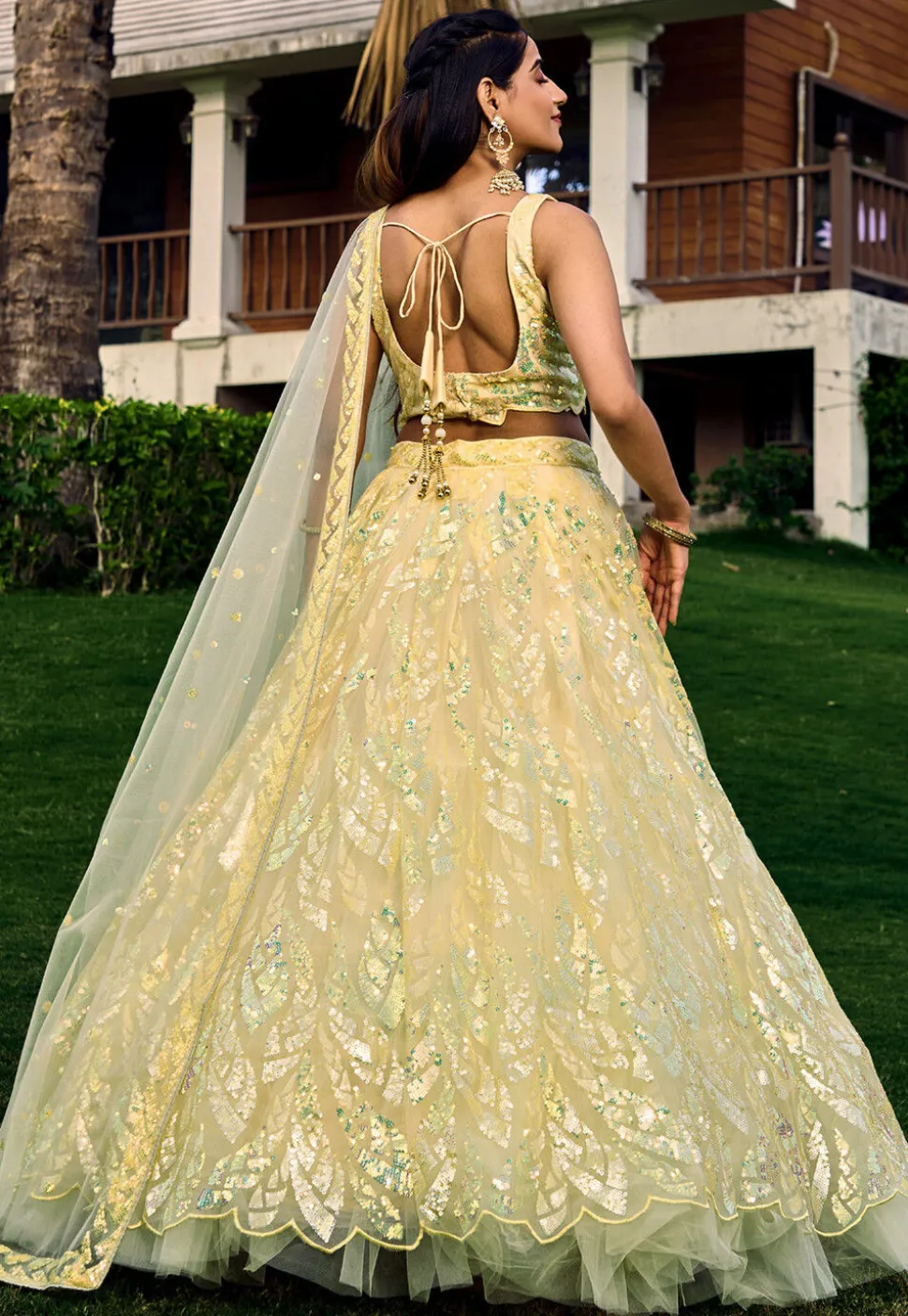 Embroidered Net Lehenga in Yellow