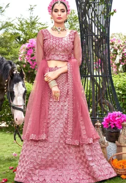 Embroidered Net Lehenga in Pink