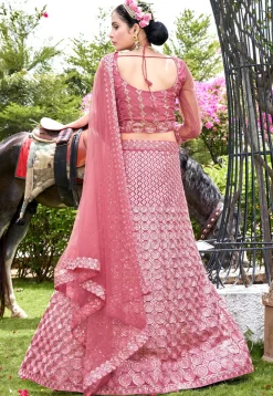 Embroidered Net Lehenga in Pink