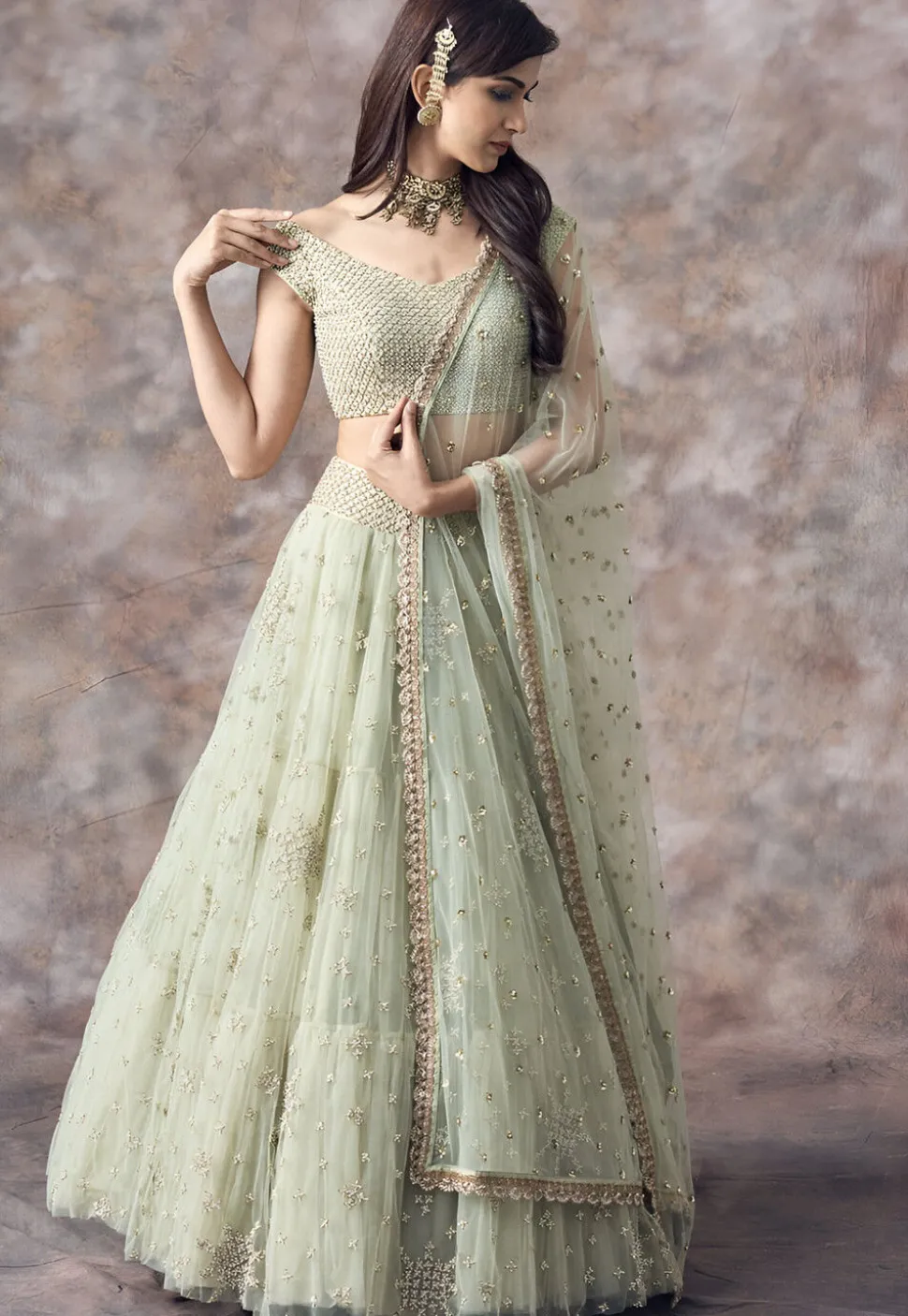 Embroidered Net Lehenga in Light Green