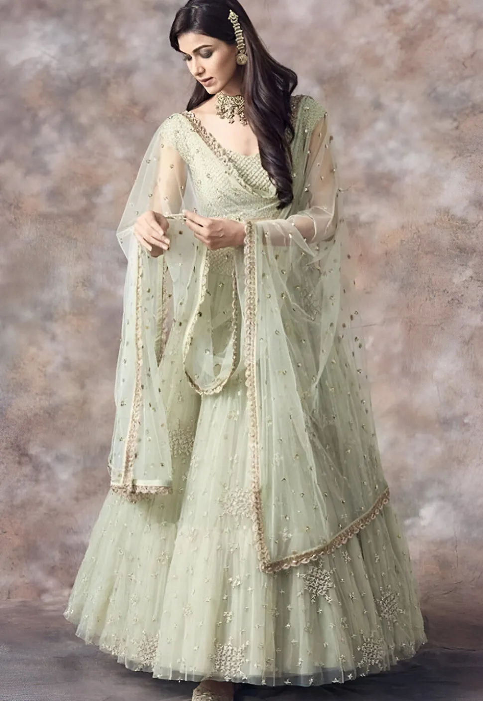 Embroidered Net Lehenga in Light Green