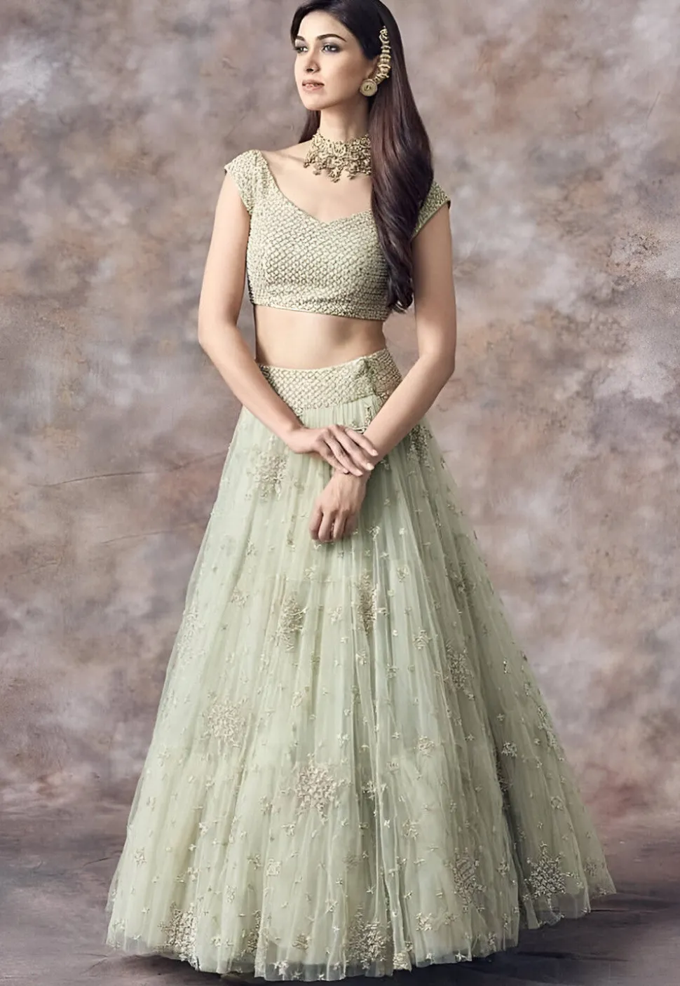 Embroidered Net Lehenga in Light Green