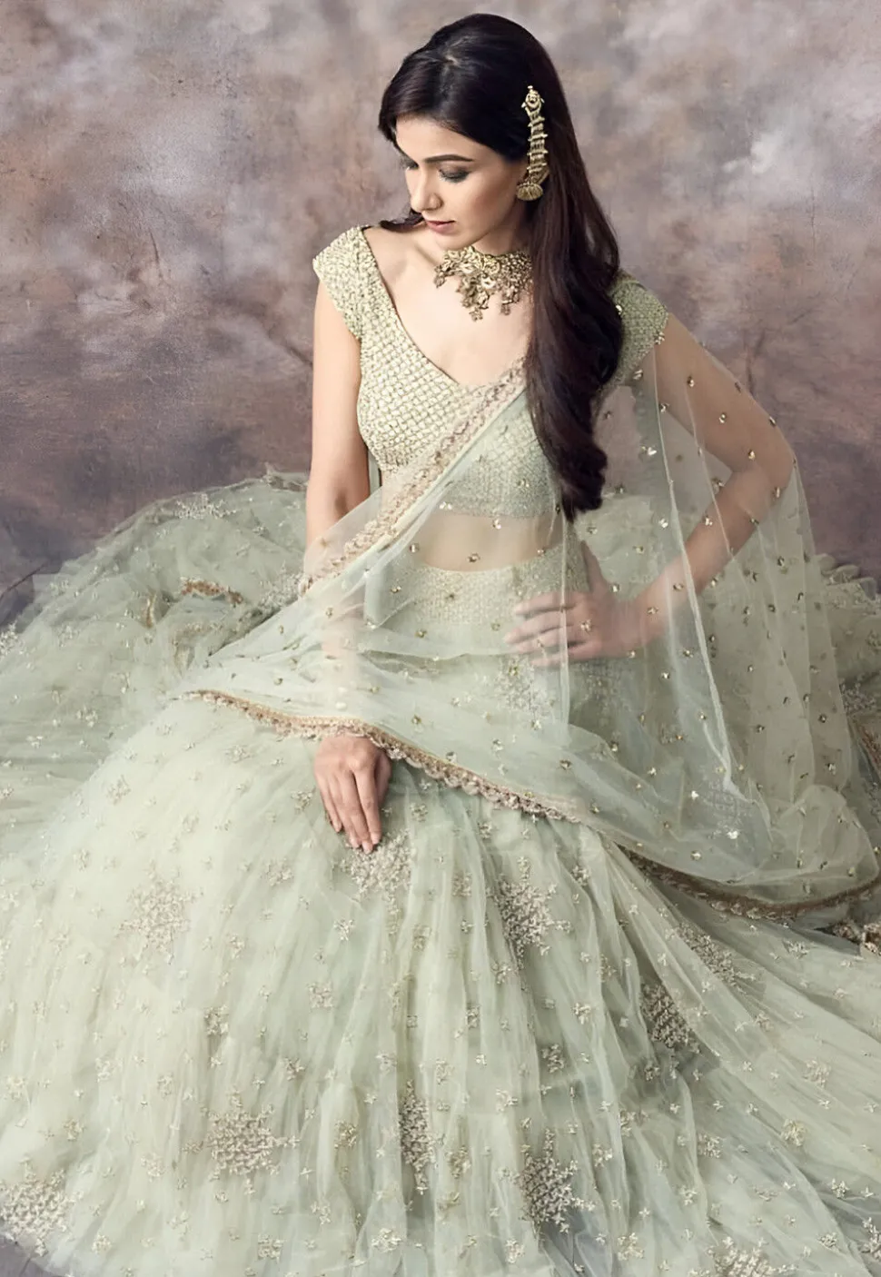 Embroidered Net Lehenga in Light Green