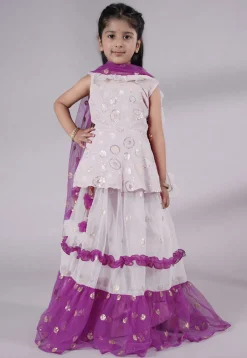 Embroidered Net Lehenga in Off White and Purple
