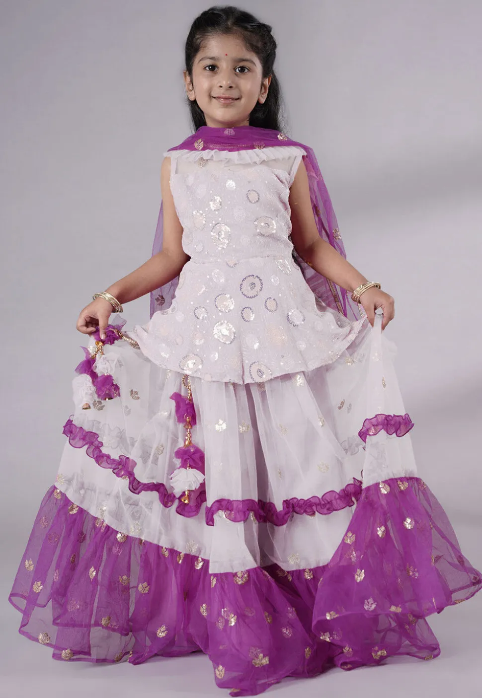 Embroidered Net Lehenga in Off White and Purple