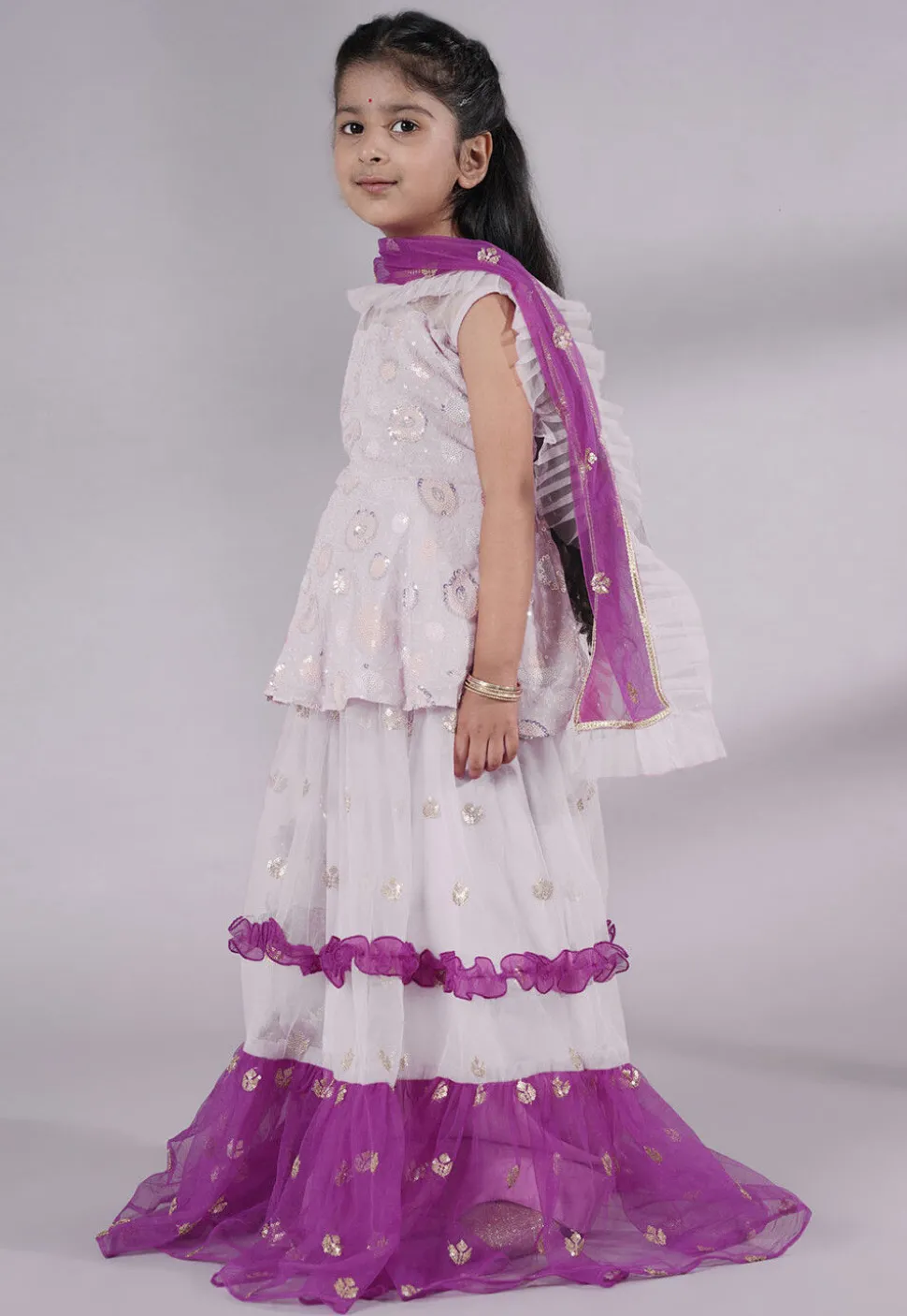 Embroidered Net Lehenga in Off White and Purple
