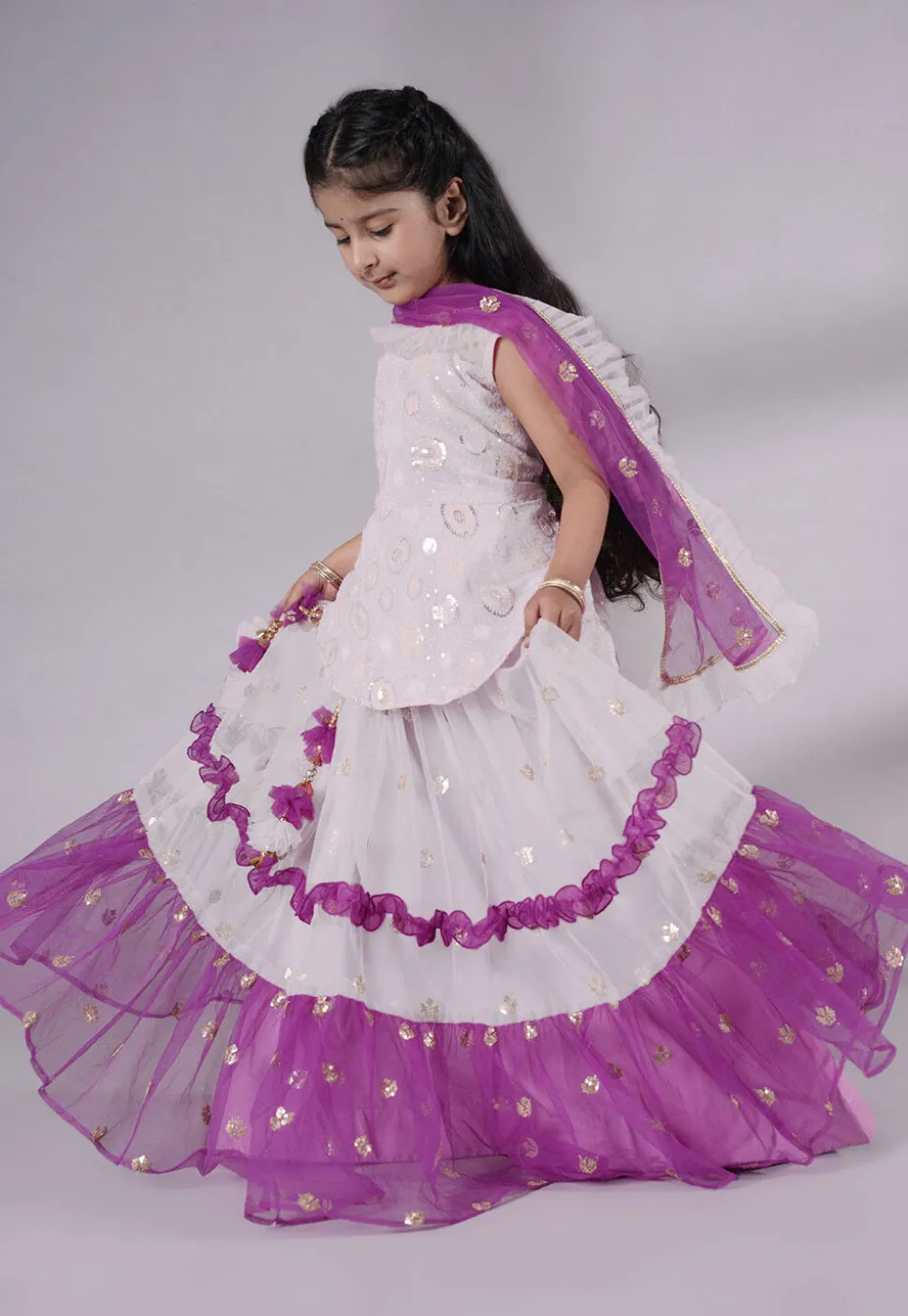 Embroidered Net Lehenga in Off White and Purple