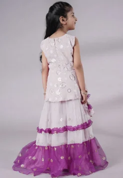 Embroidered Net Lehenga in Off White and Purple