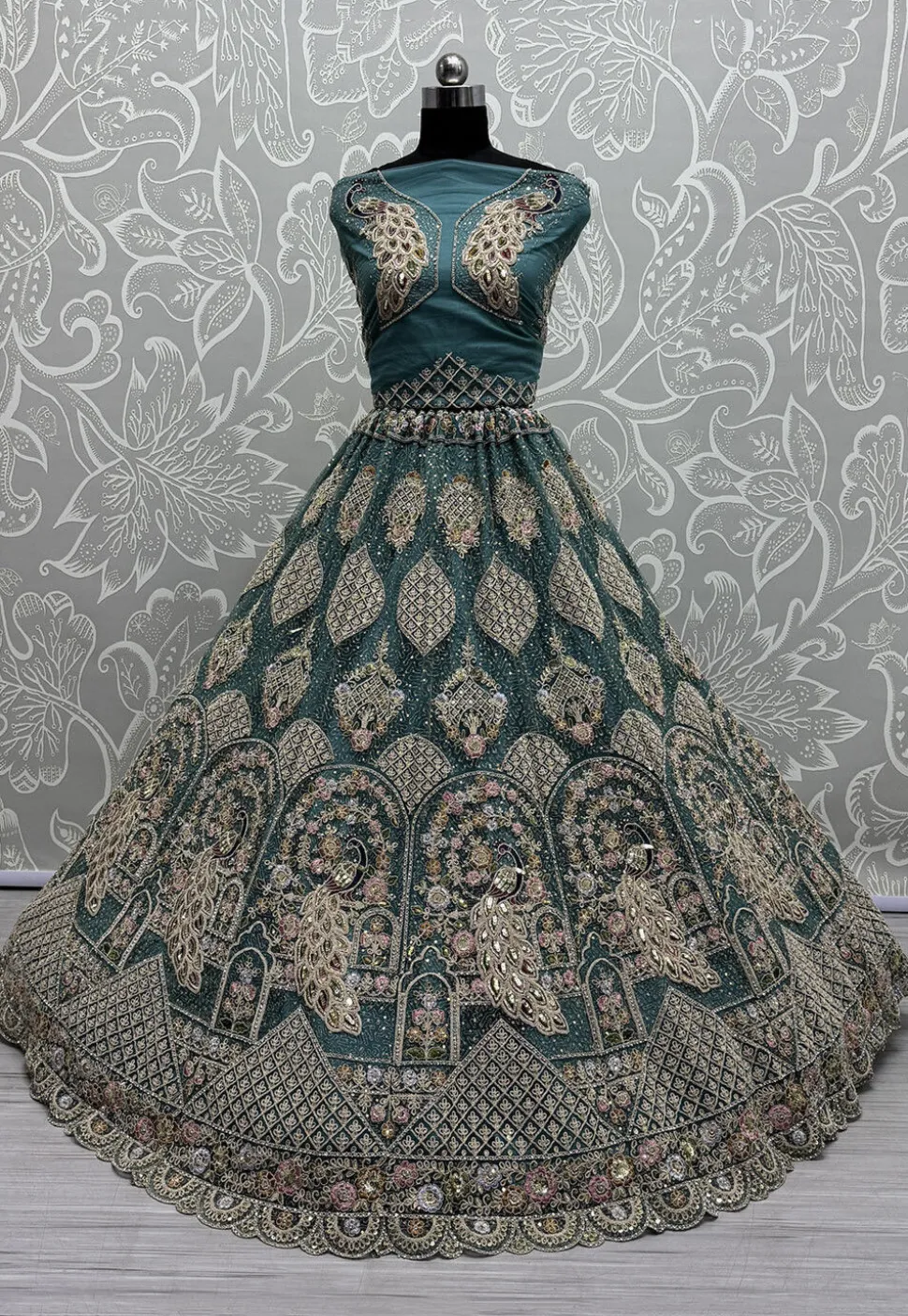 Embroidered Net Lehenga in Dusty Blue