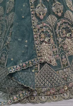 Embroidered Net Lehenga in Dusty Blue
