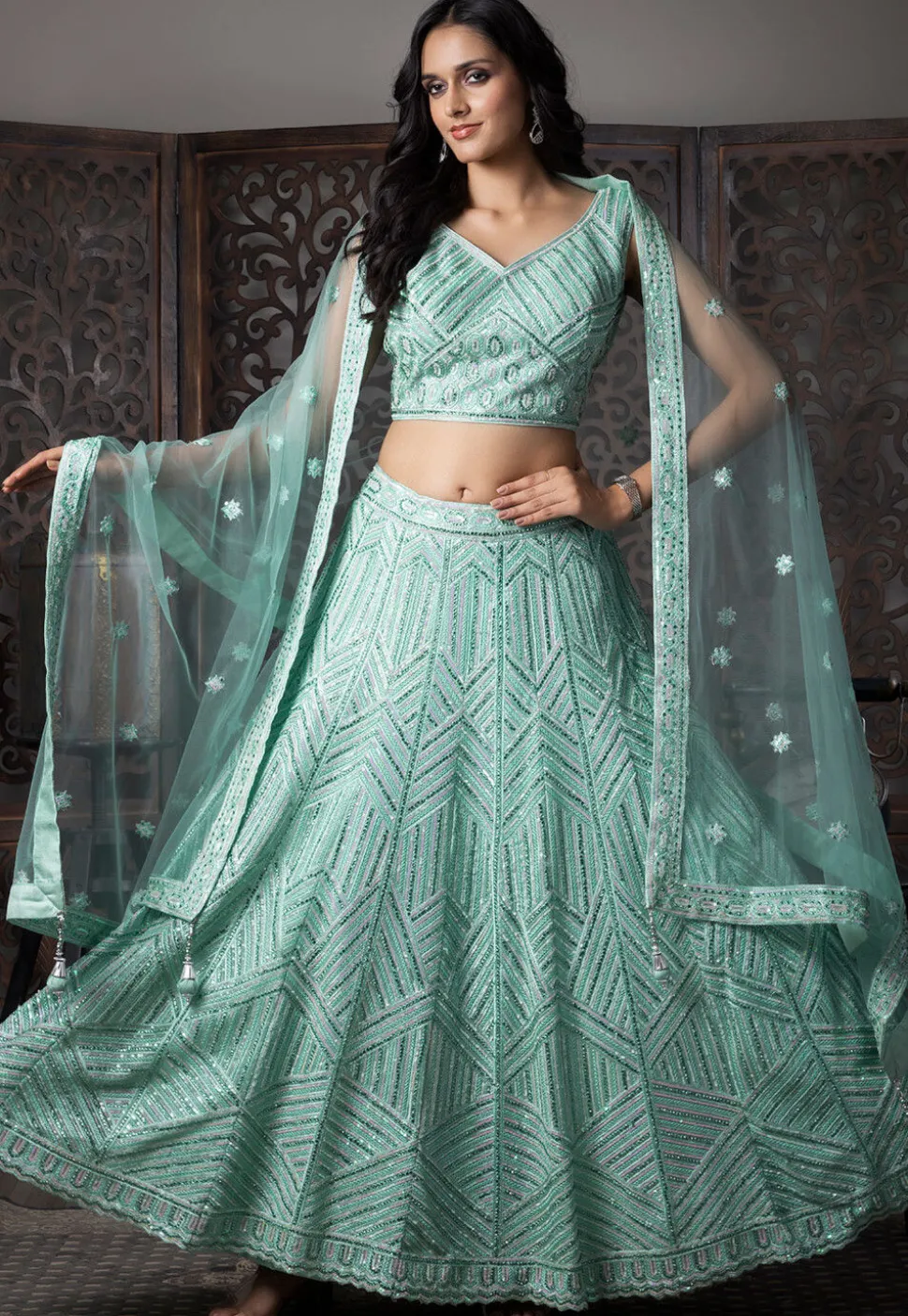Embroidered Net Lehenga in Sea Green