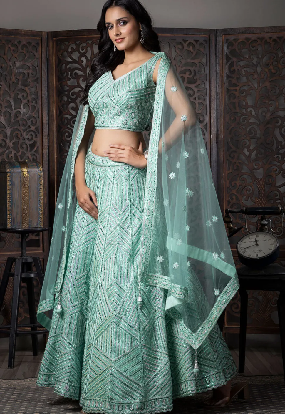 Embroidered Net Lehenga in Sea Green
