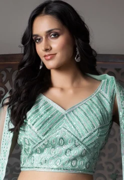 Embroidered Net Lehenga in Sea Green