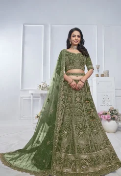 Embroidered Net Lehenga in Green