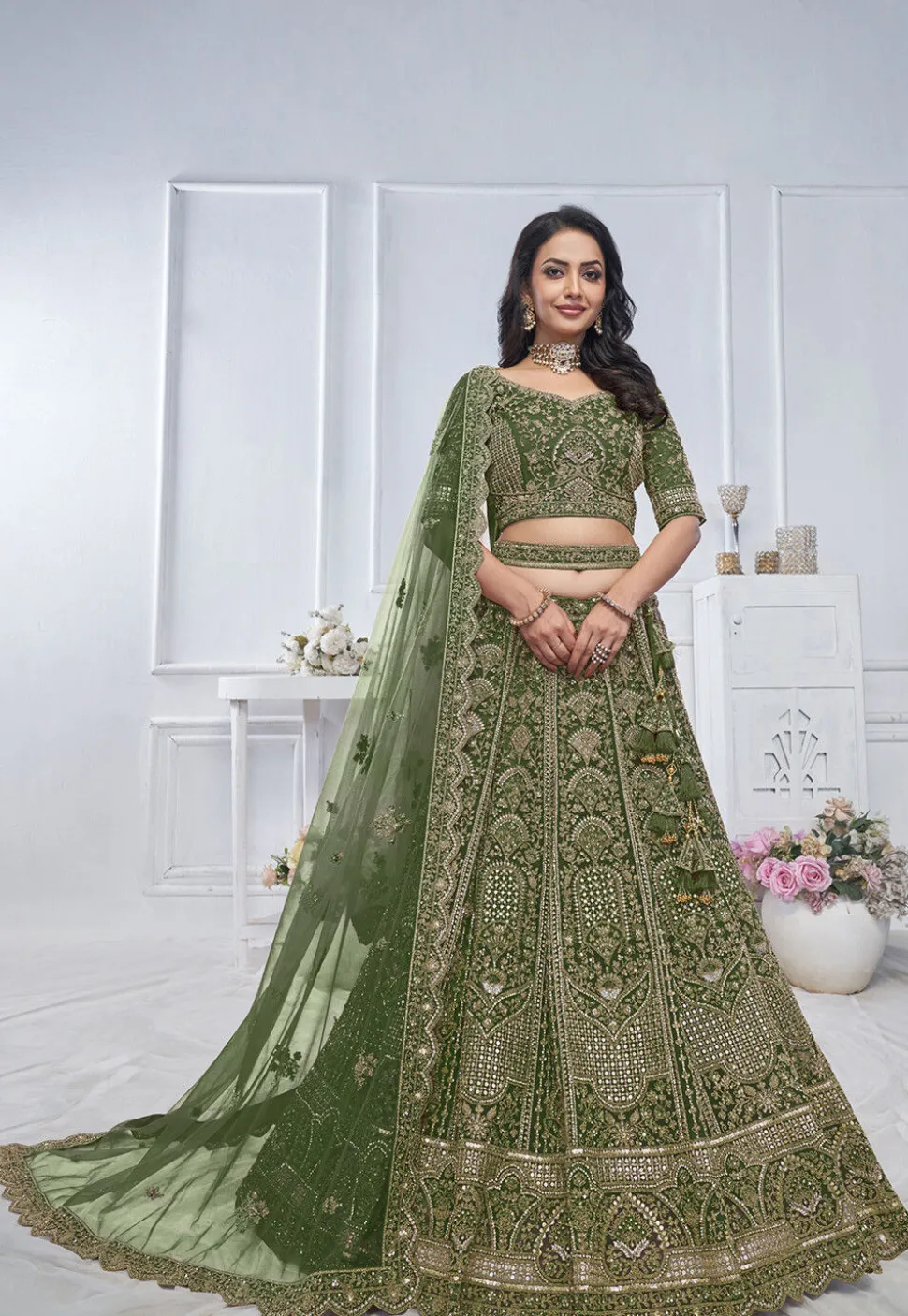 Embroidered Net Lehenga in Green
