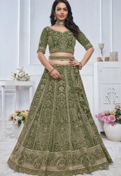 Embroidered Net Lehenga in Green