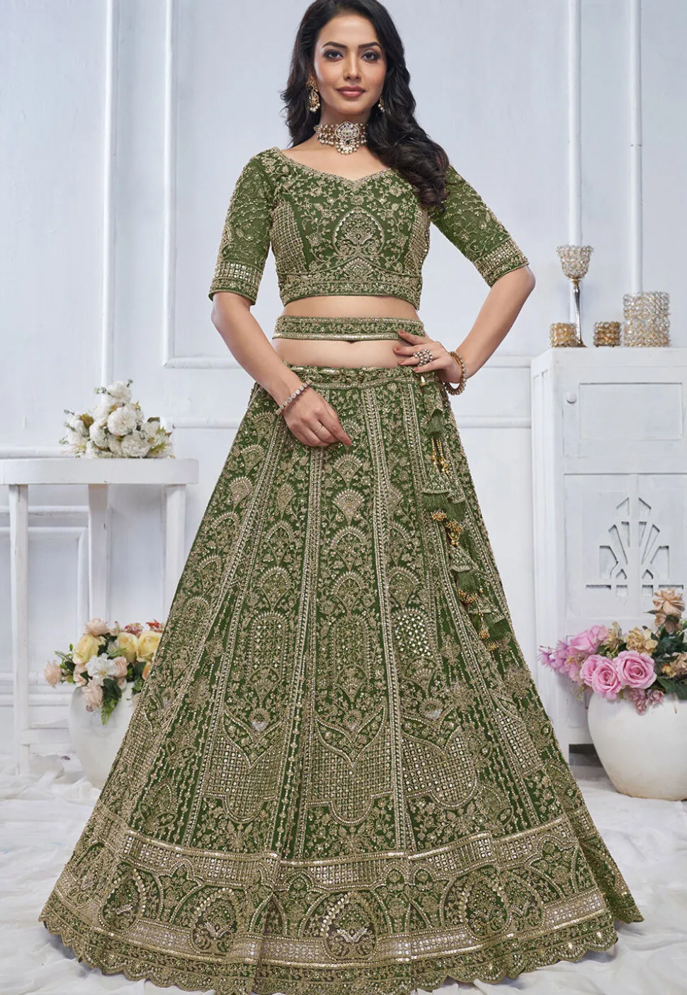 Embroidered Net Lehenga in Green
