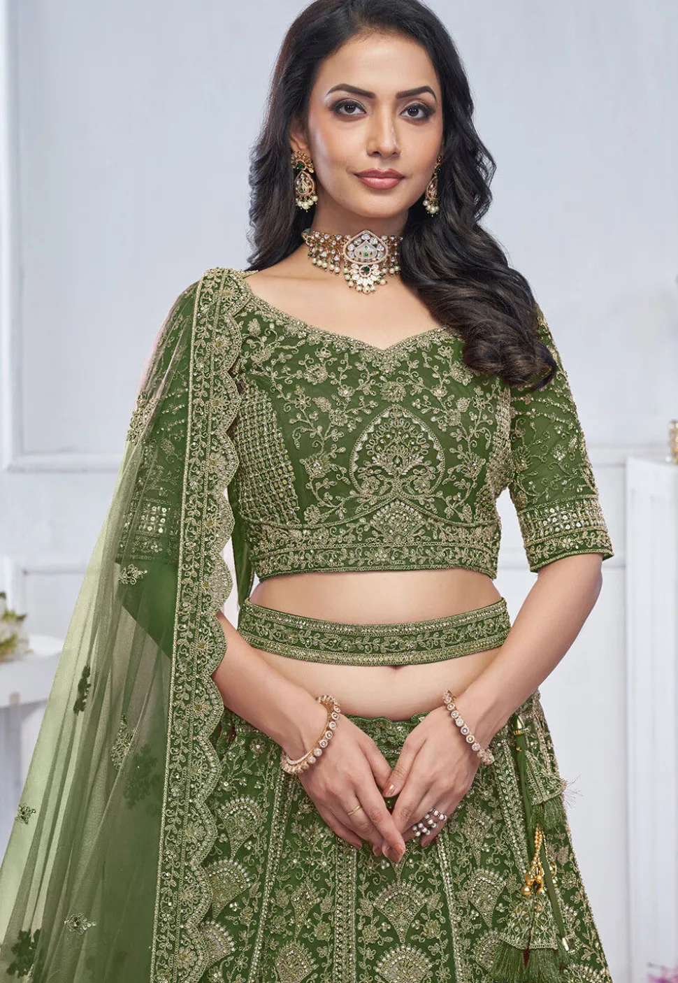 Embroidered Net Lehenga in Green
