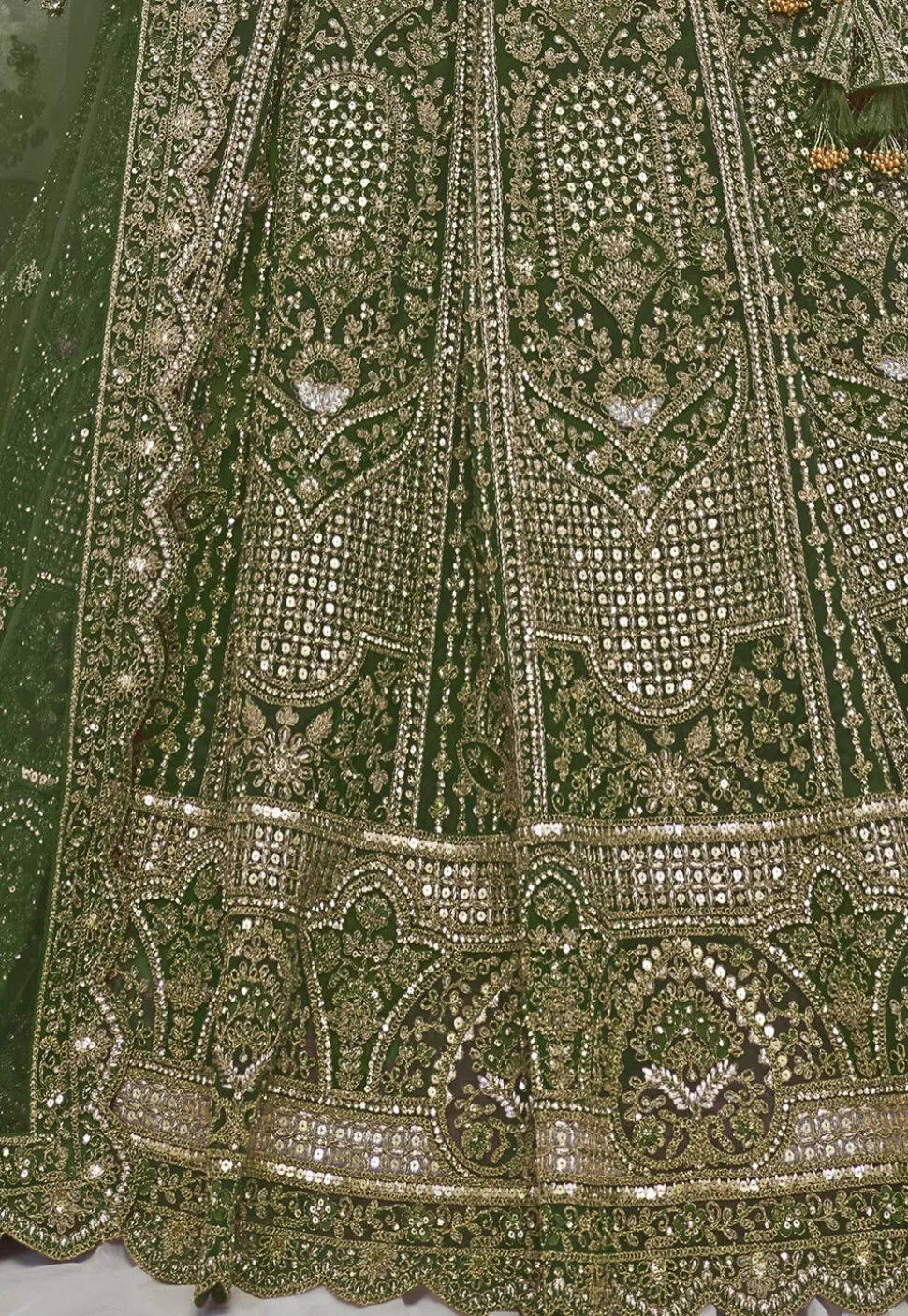 Embroidered Net Lehenga in Green