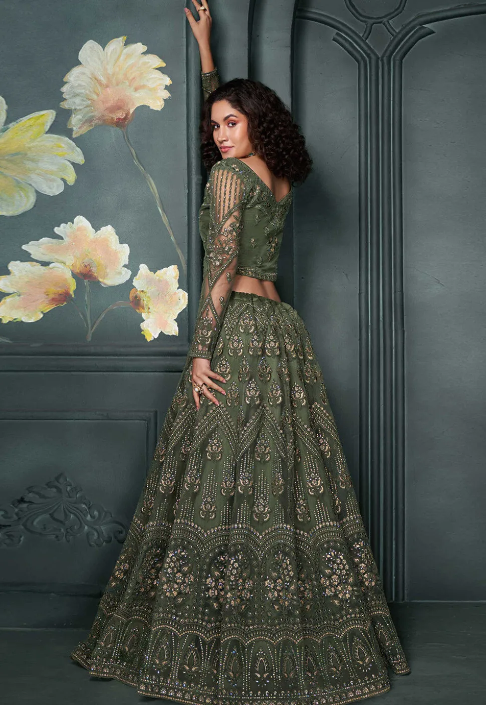 Embroidered Net Lehenga in Dusty Green