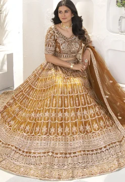 Embroidered Net Lehenga in Mustard