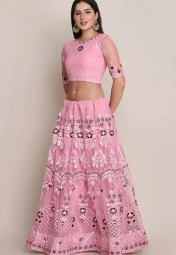 Embroidered Net Lehenga in Light Pink