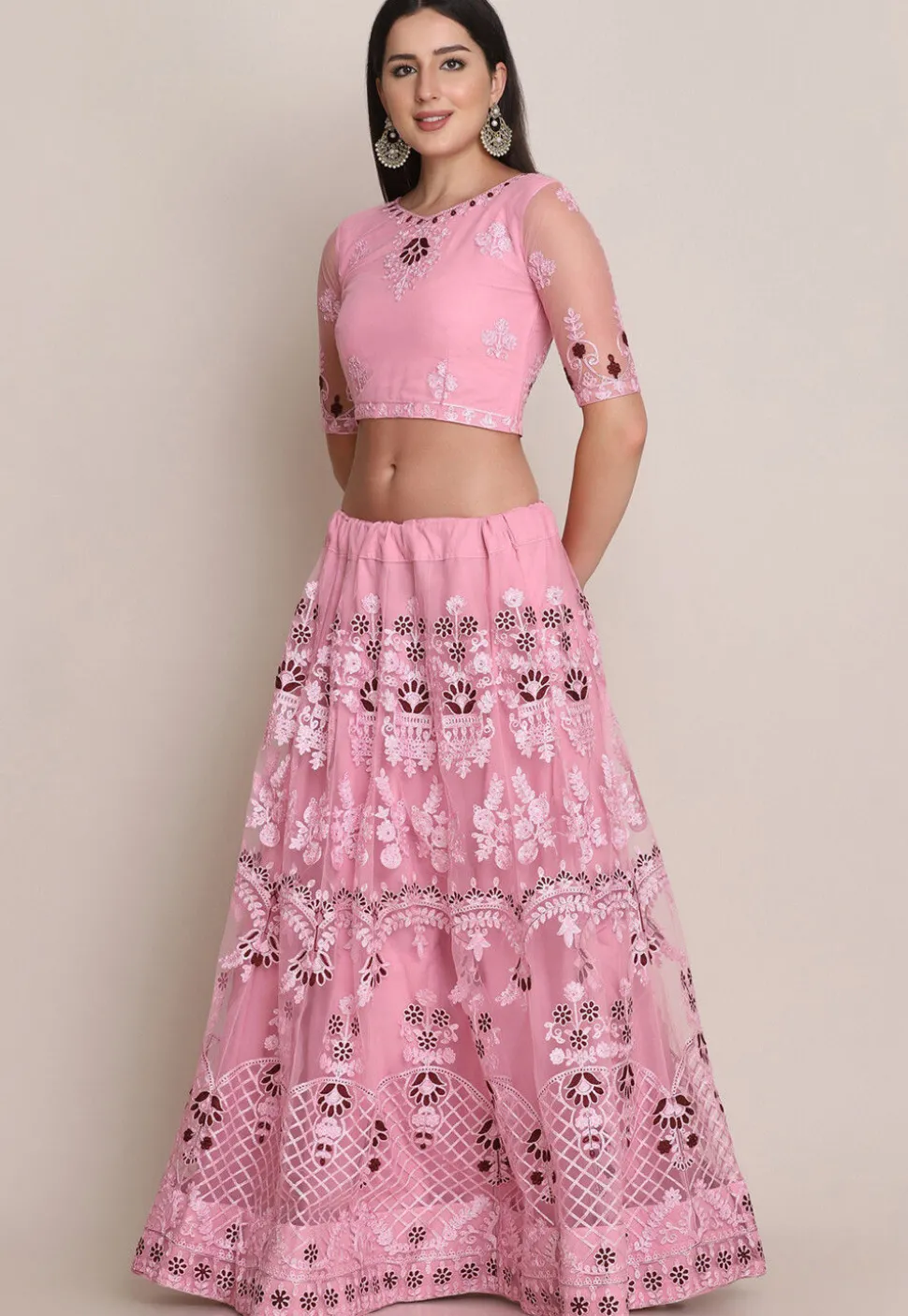 Embroidered Net Lehenga in Light Pink
