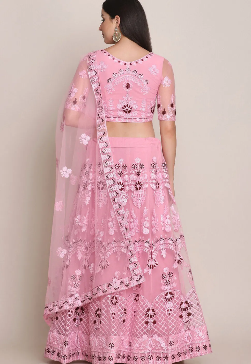 Embroidered Net Lehenga in Light Pink