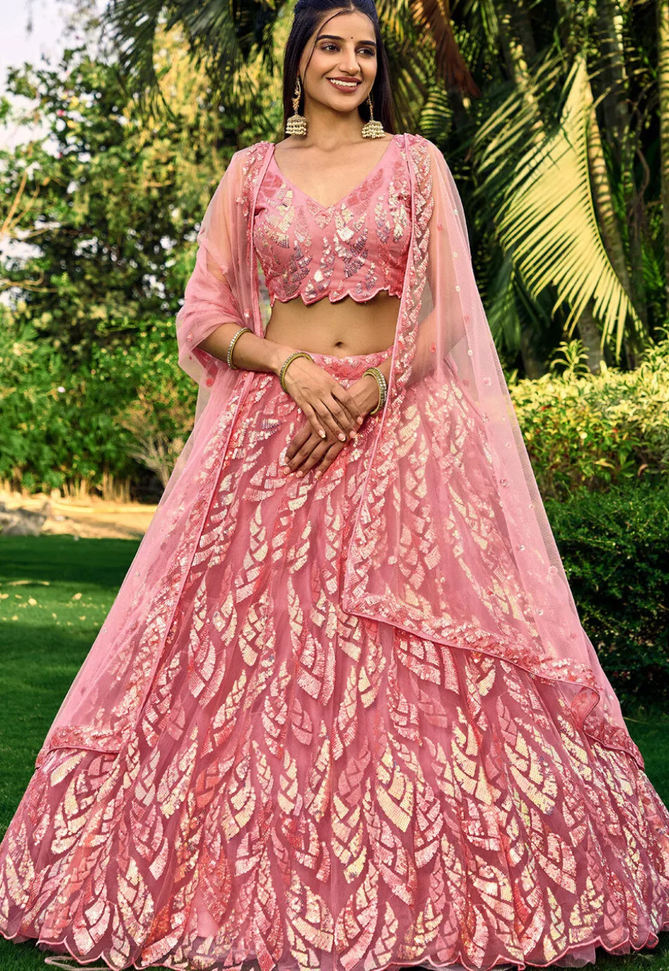 Embroidered Net Lehenga in Peach