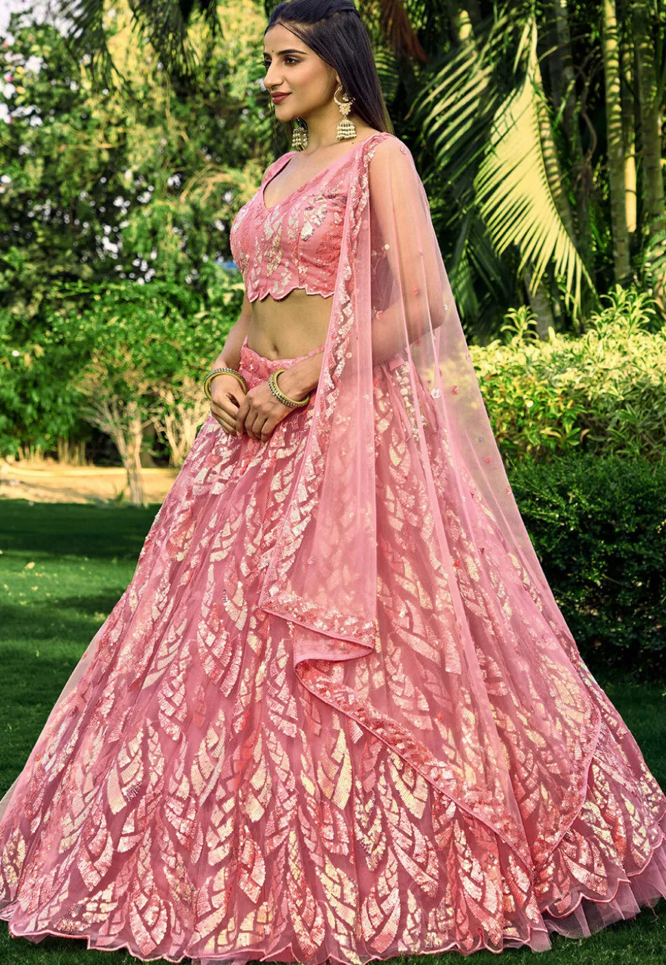 Embroidered Net Lehenga in Peach