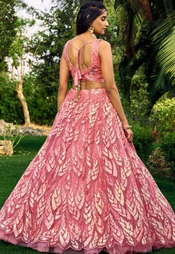 Embroidered Net Lehenga in Peach